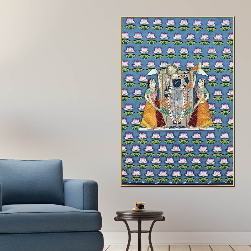lord-shrinathji-nathdwara-style-lotus-pattern-pichwai-canvas-wall-painting