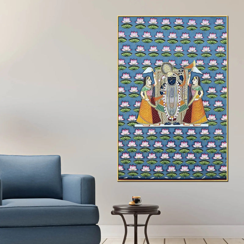 Lord Shrinathji Nathdwara Style Lotus Pattern Pichwai Canvas Wall Painting