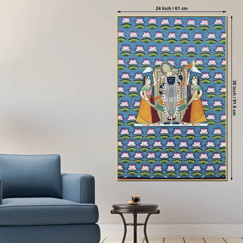 Lord Shrinathji Nathdwara Style Lotus Pattern Pichwai Canvas Wall Painting