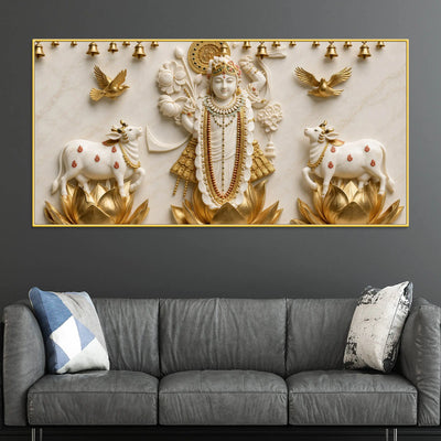 Lord Shrinathji on Golden Lotus 3D Canvas Wall Painting