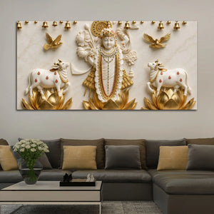 Lord Shrinathji on Golden Lotus 3D Canvas Wall Painting