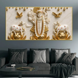 Lord Shrinathji on Golden Lotus 3D Canvas Wall Painting