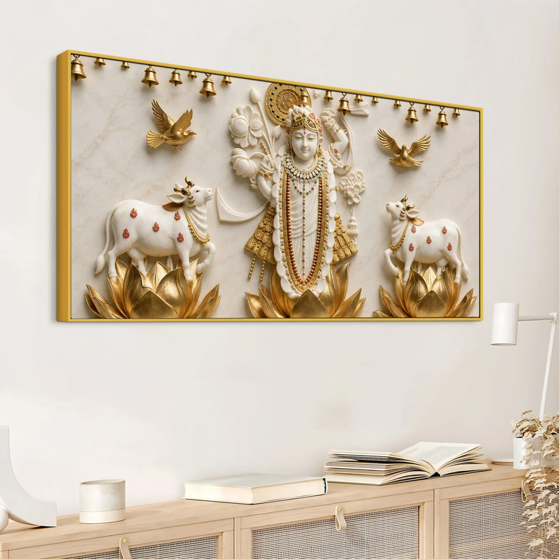 Lord Shrinathji on Golden Lotus 3D Canvas Wall Painting