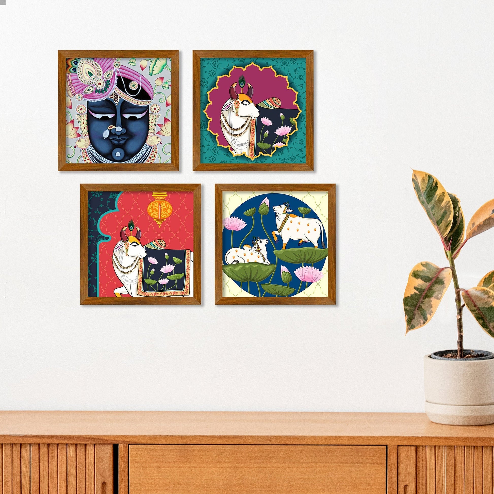 Lord Shrinathji Pichwai Cow Wooden Wall Frame Set of Four