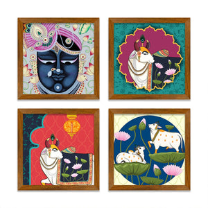 Lord Shrinathji Pichwai Cow Wooden Wall Frame Set of Four