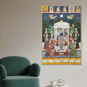 Lord Shrinathji Pushtimarg Krishna Temple Scene Pichwai Style Canvas Wall Painting