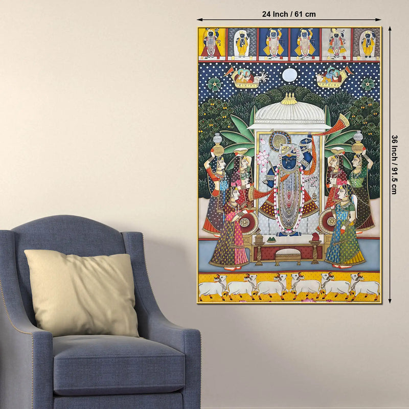 Lord Shrinathji Pushtimarg Krishna Temple Scene Pichwai Style Canvas Wall Painting