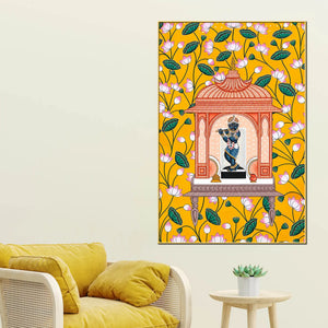 Lord Shrinathji Temple and Lotus Floral Canvas Wall Painting