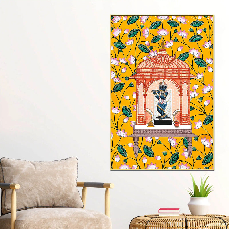 Lord Shrinathji Temple and Lotus Floral Canvas Wall Painting