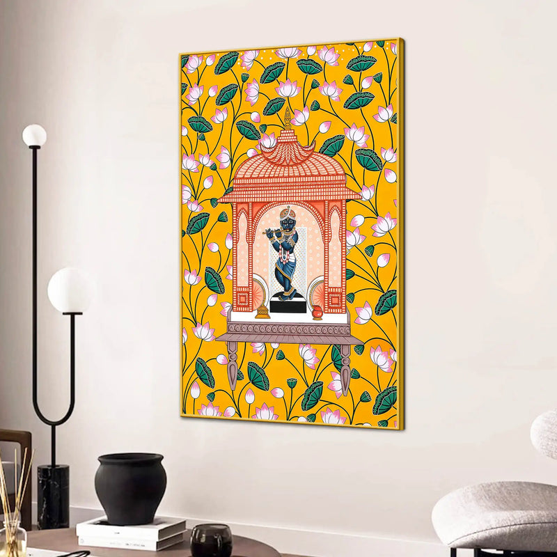 Lord Shrinathji Temple and Lotus Floral Canvas Wall Painting