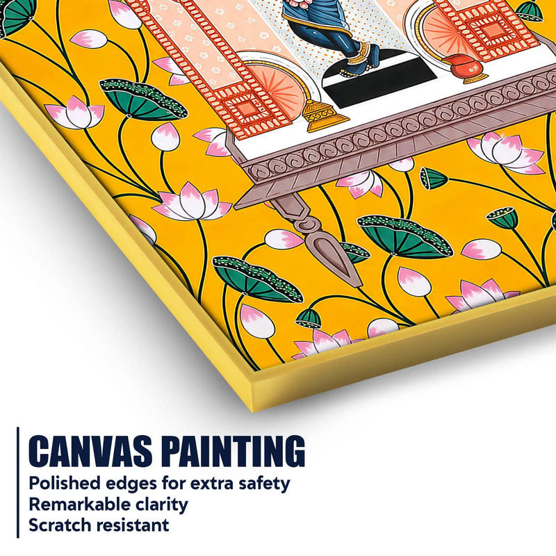 Lord Shrinathji Temple and Lotus Floral Canvas Wall Painting