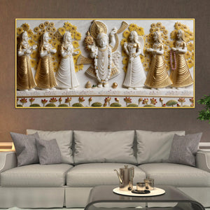 Lord Shrinathji with Devotees White and Golden 3D Canvas Wall Painting