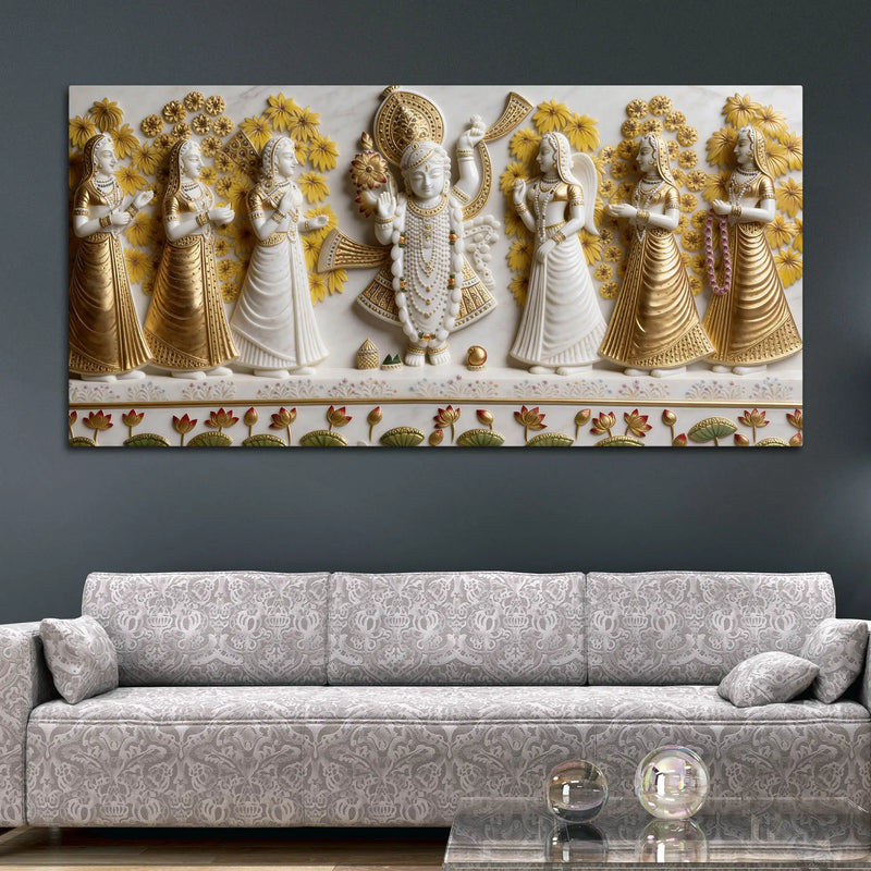 Lord Shrinathji with Devotees White and Golden 3D Canvas Wall Painting