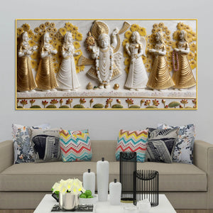 Lord Shrinathji with Devotees White and Golden 3D Canvas Wall Painting