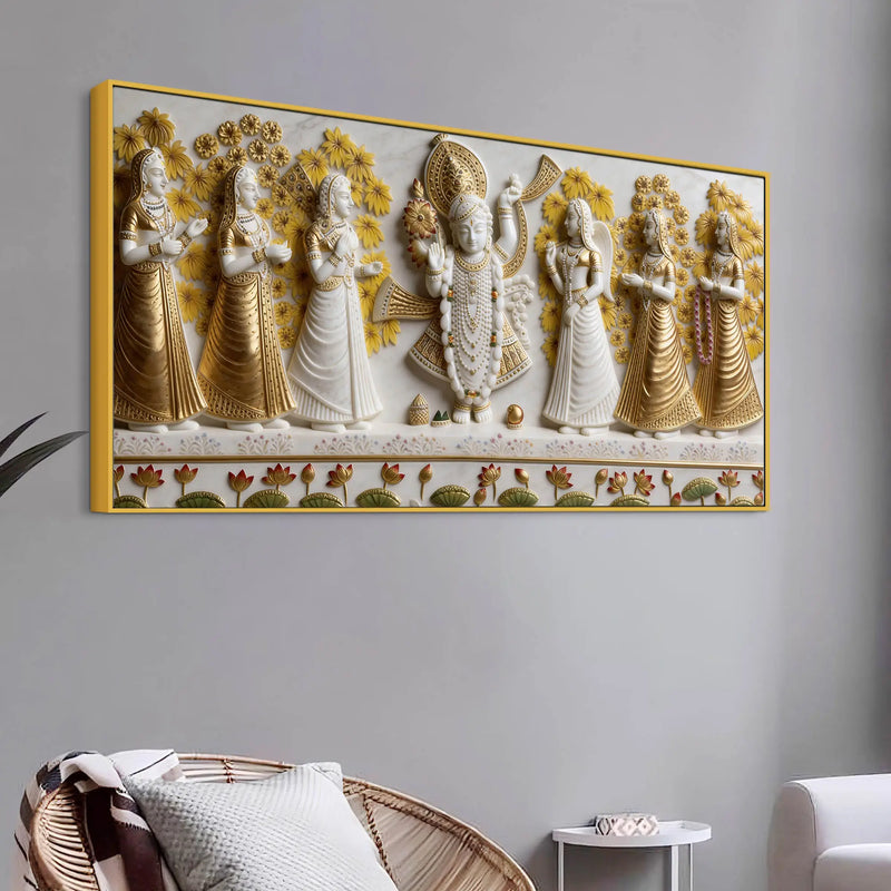 Lord Shrinathji with Devotees White and Golden 3D Canvas Wall Painting