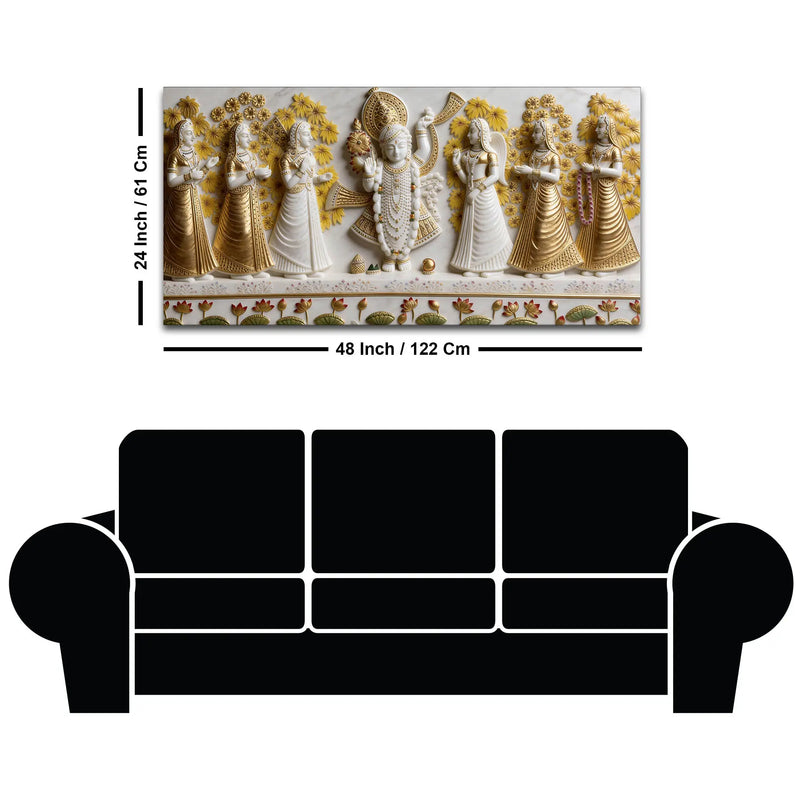 Lord Shrinathji with Devotees White and Golden 3D Canvas Wall Painting