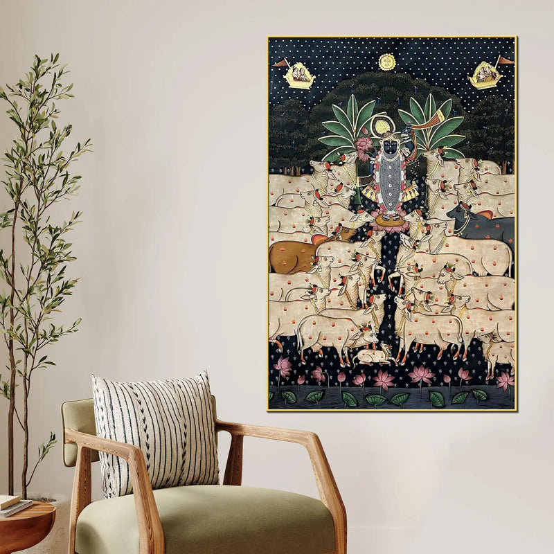 Lord Shrinathji with Sacred Cows Pichwai Style Canvas Wall Painting for Home