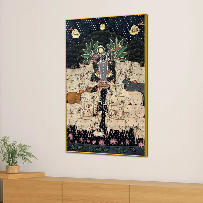 Lord Shrinathji with Sacred Cows Pichwai Style Canvas Wall Painting for Home