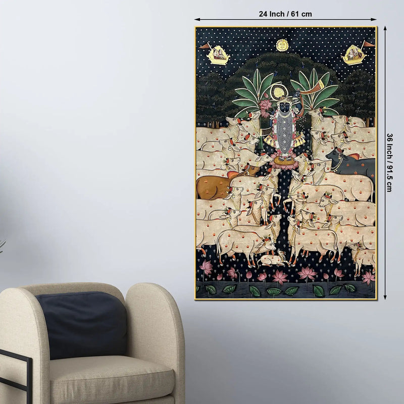 Lord Shrinathji with Sacred Cows Pichwai Style Canvas Wall Painting for Home