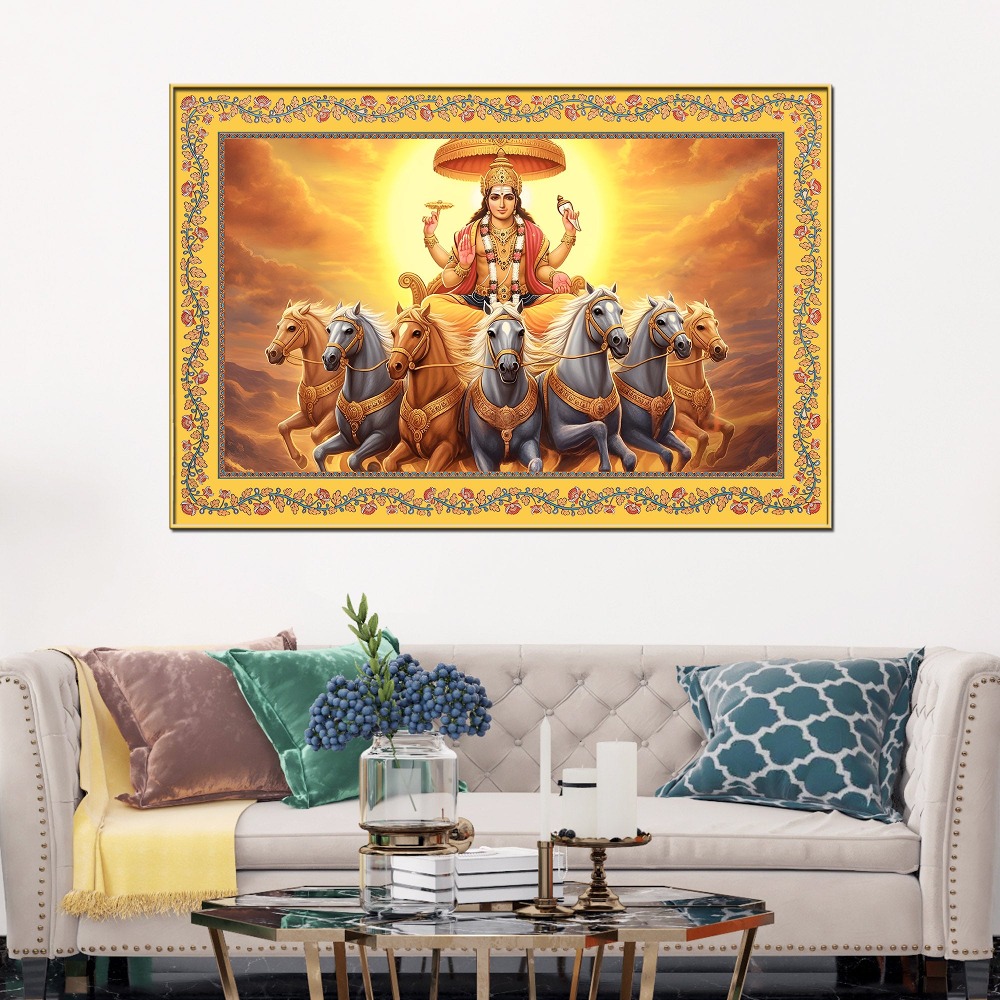 Lord Surya with Horses Floral Border Canvas Wall Painting