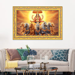 Lord Surya with Horses Floral Border Canvas Wall Painting