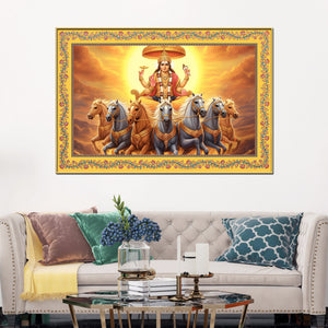 Lord Surya with Horses Floral Border Canvas Wall Painting