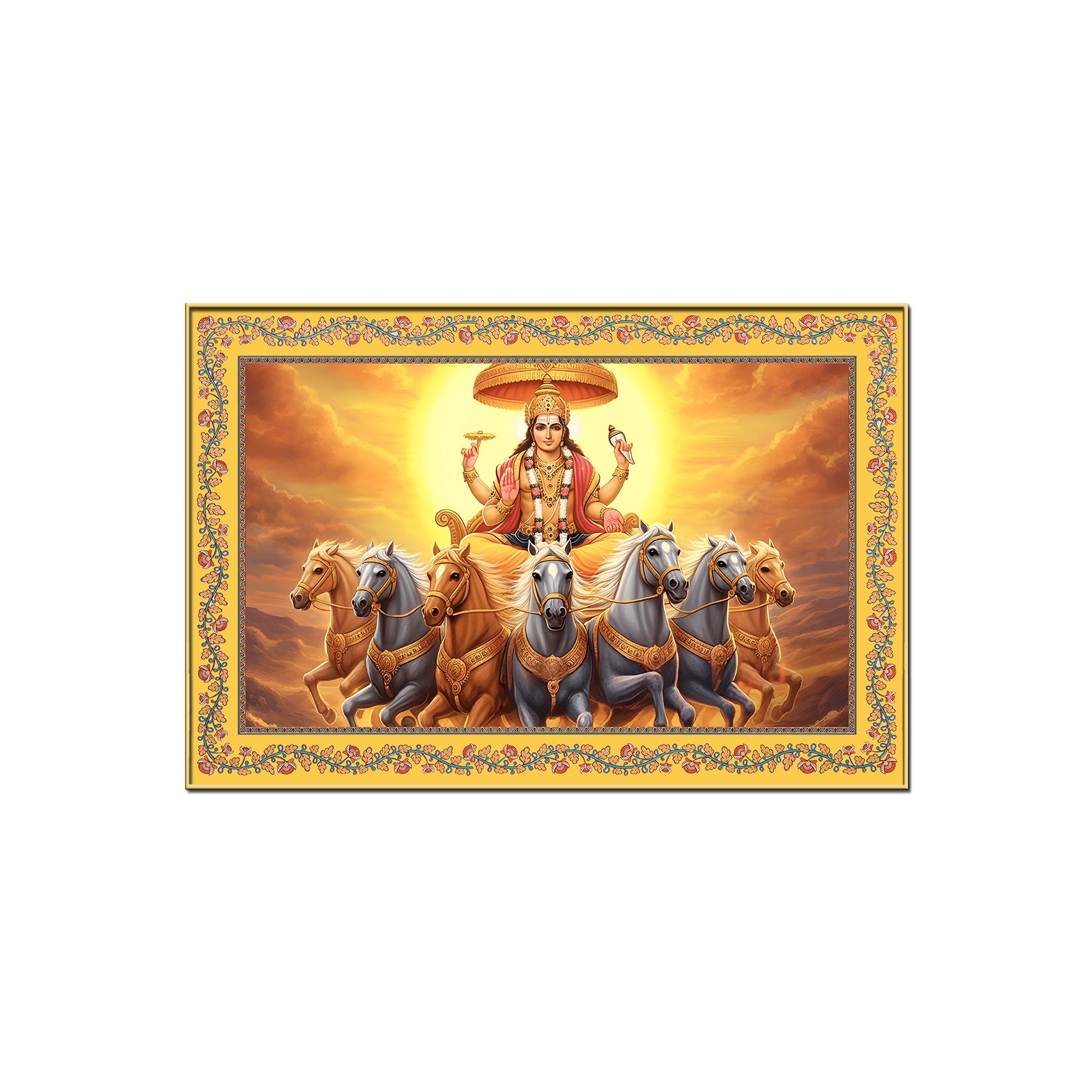 Lord Surya with Horses Floral Border Canvas Wall Painting
