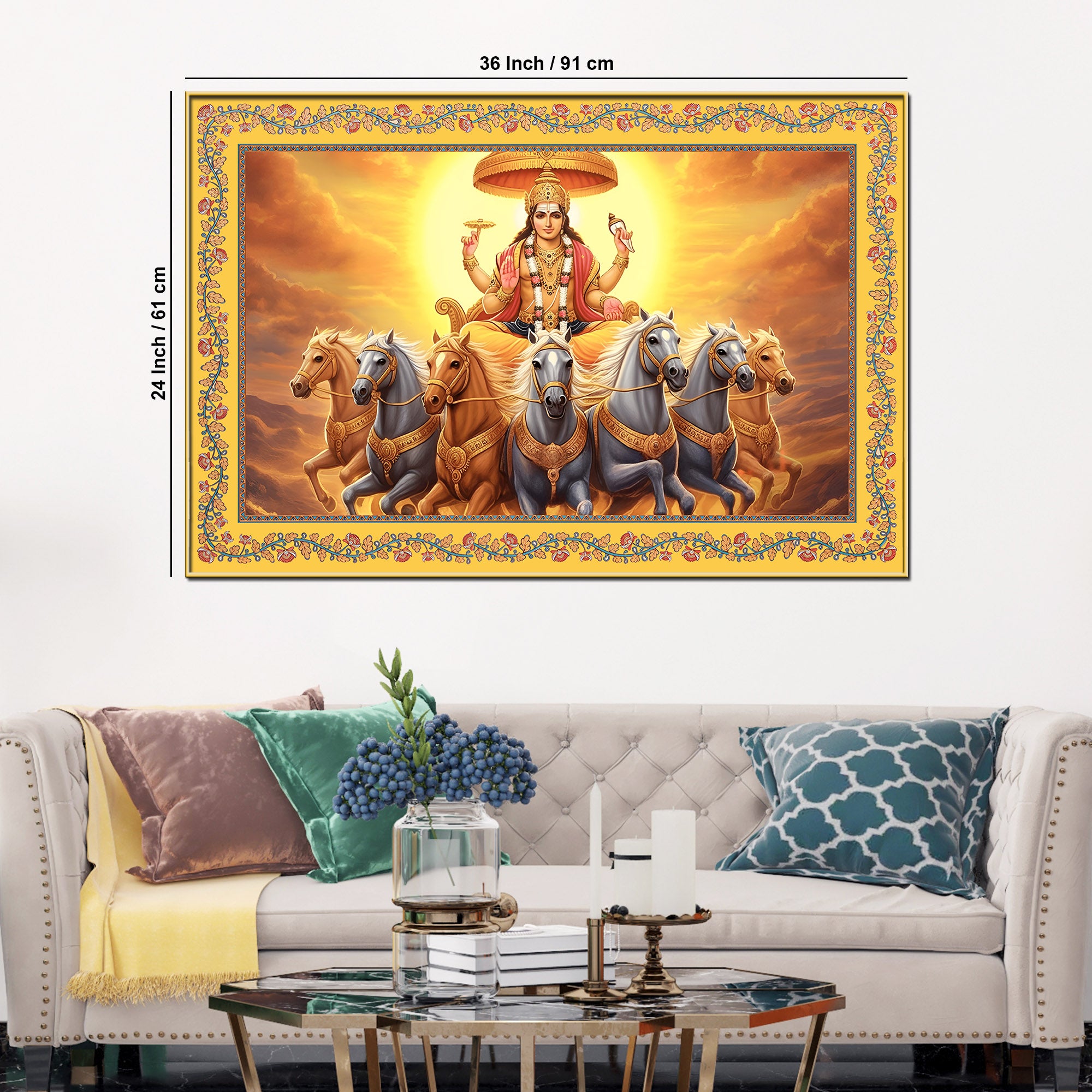 Lord Surya with Horses Floral Border Canvas Wall Painting