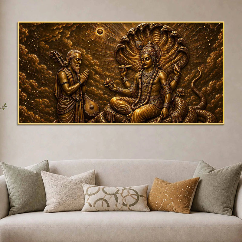 Lord Vishnu on Sheshnag with Narad Muni Metallic Look 3D Canvas Wall Painting