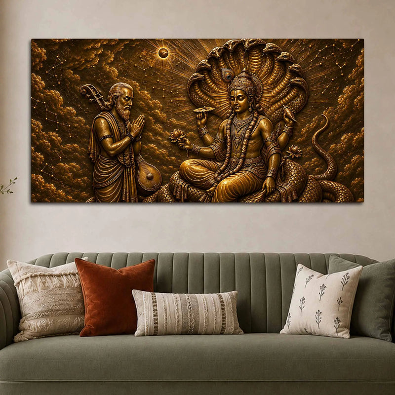 Lord Vishnu on Sheshnag with Narad Muni Metallic Look 3D Canvas Wall Painting