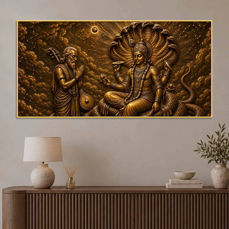 Lord Vishnu on Sheshnag with Narad Muni Metallic Look 3D Canvas Wall Painting