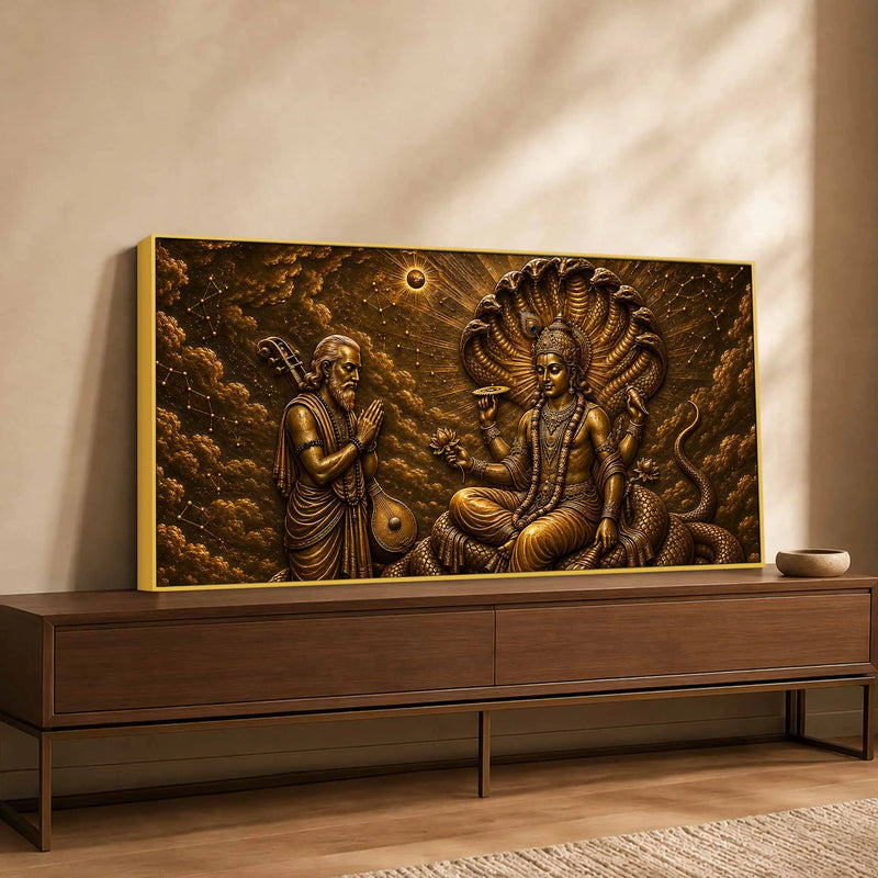 Lord Vishnu on Sheshnag with Narad Muni Metallic Look 3D Canvas Wall Painting