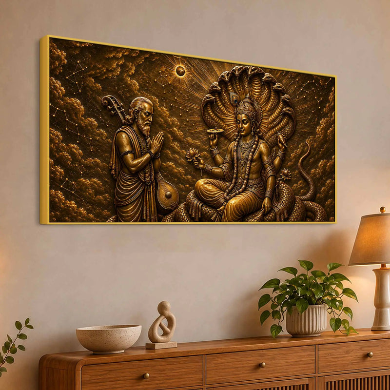 Lord Vishnu on Sheshnag with Narad Muni Metallic Look 3D Canvas Wall Painting