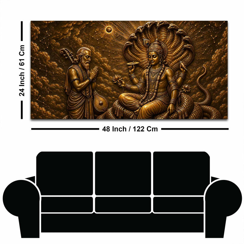 Lord Vishnu on Sheshnag with Narad Muni Metallic Look 3D Canvas Wall Painting
