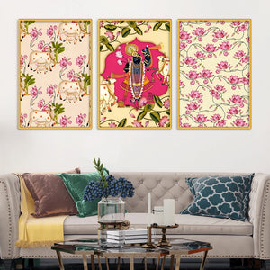 Lotus Floral Shrinath Ji Pichwai Canvas Wall Painting Set of Three
