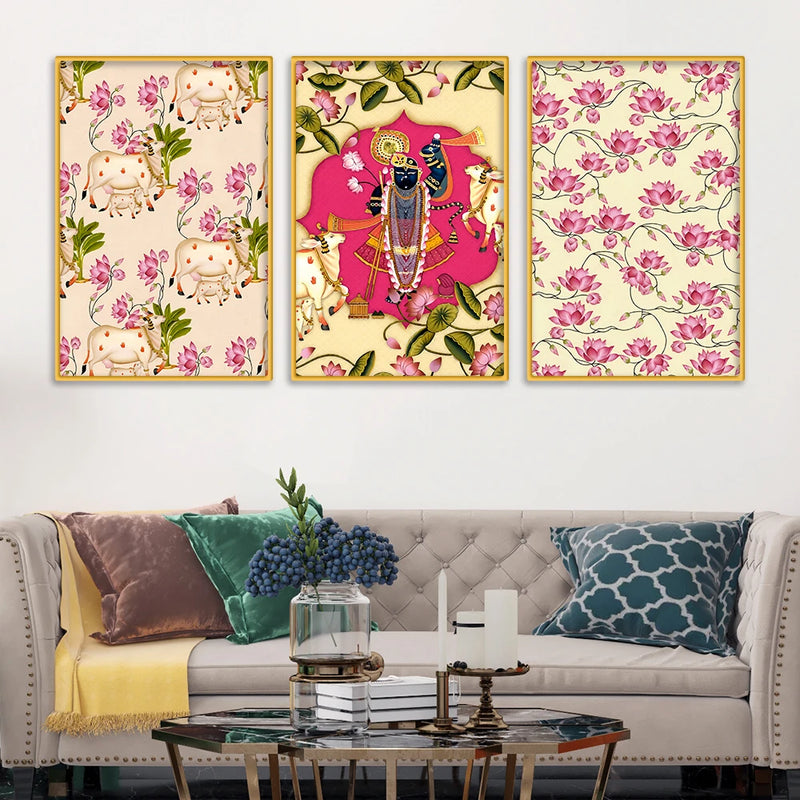 Lotus Floral Shrinath Ji Pichwai Canvas Wall Painting Set of Three