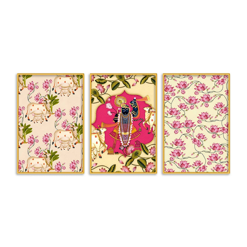 Lotus Floral Shrinath Ji Pichwai Canvas Wall Painting Set of Three