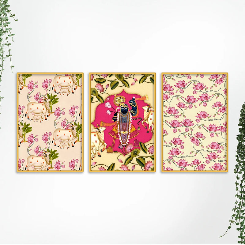 Lotus Floral Shrinath Ji Pichwai Canvas Wall Painting Set of Three