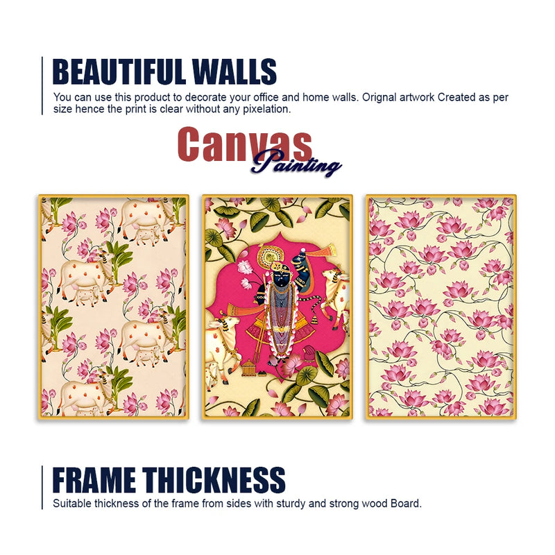 Lotus Floral Shrinath Ji Pichwai Canvas Wall Painting Set of Three
