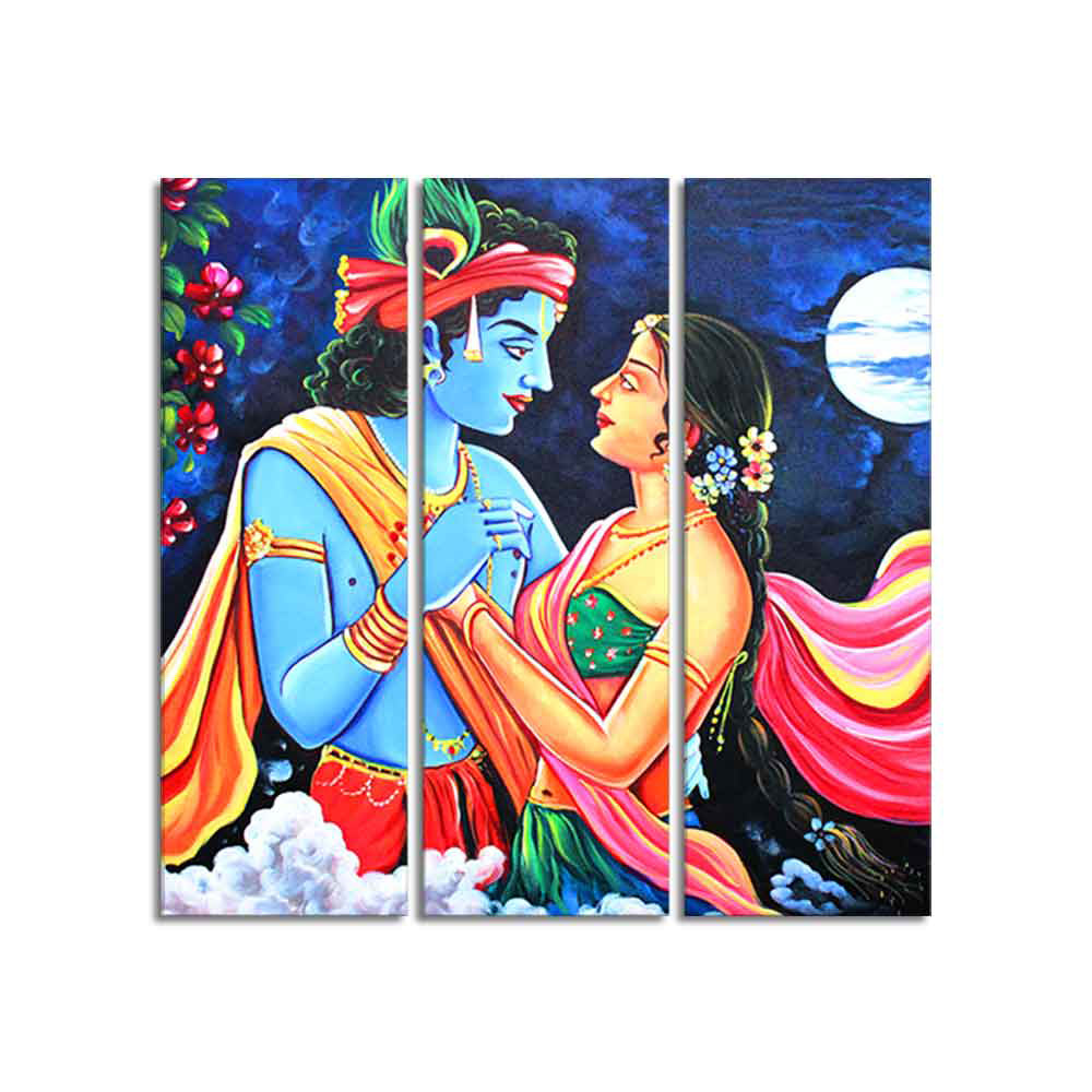 Love of Lord Radha Krishna Canvas Wall Painting Set of 3 Panel