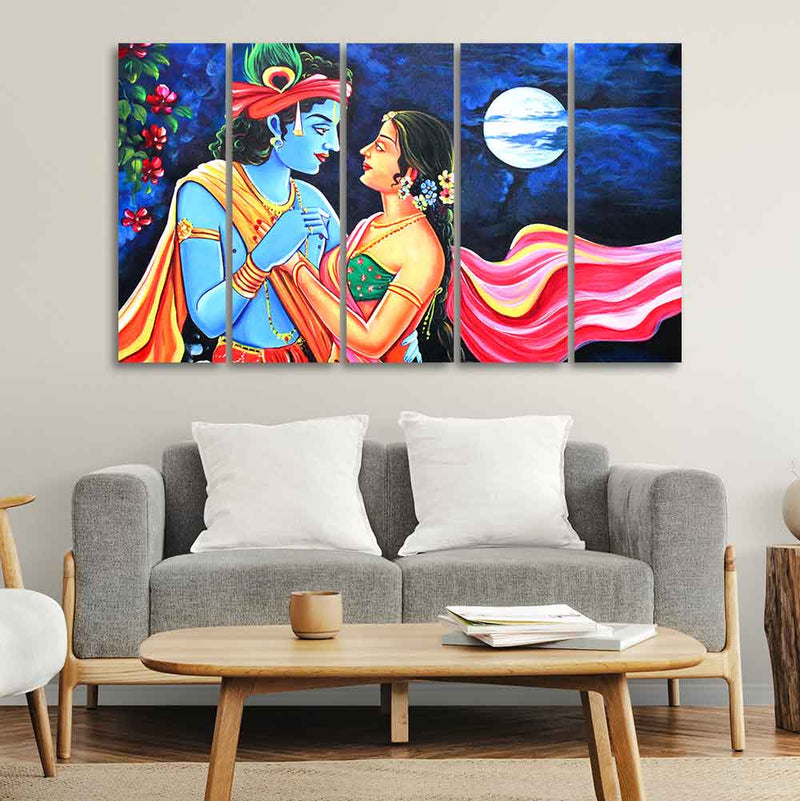 Love of Lord Radha Krishna Canvas Wall Painting Set of Five Panel