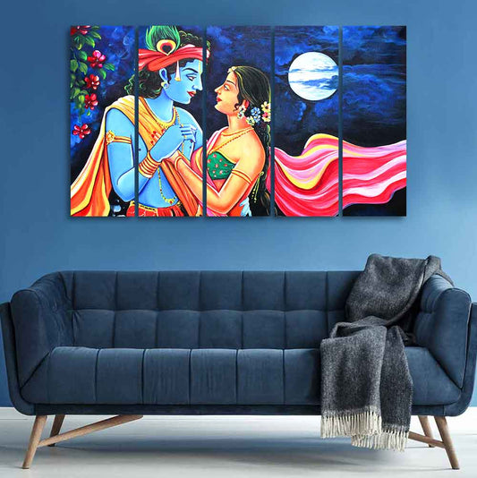 Love of Lord Radha Krishna Canvas Wall Painting Set of Five Panel