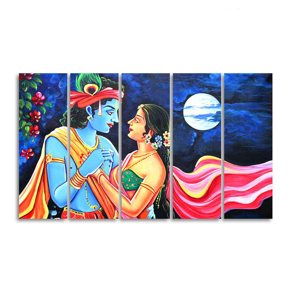 Love of Lord Radha Krishna Canvas Wall Painting Set of Five Panel