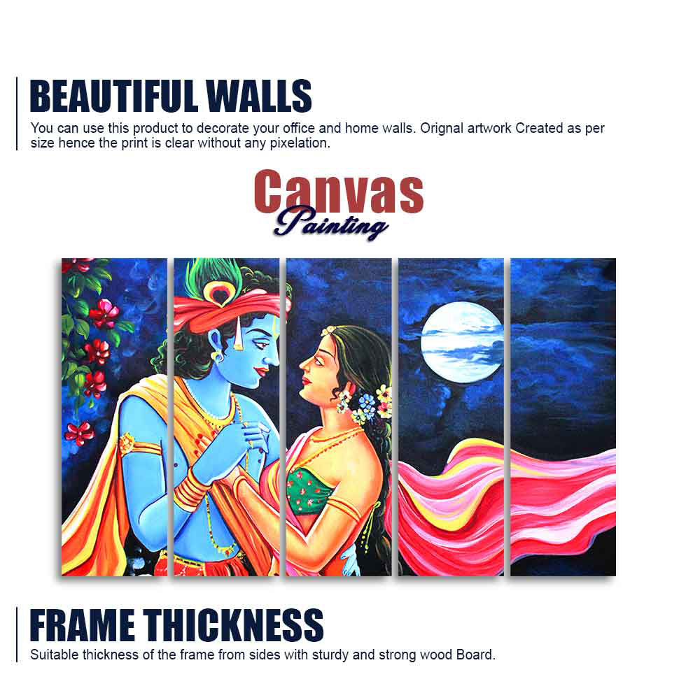 Love of Lord Radha Krishna Canvas Wall Painting Set of Five Panel