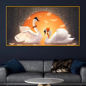 Love Swan Pair Crystal Glass Painting for Romantic Wall Art Décor