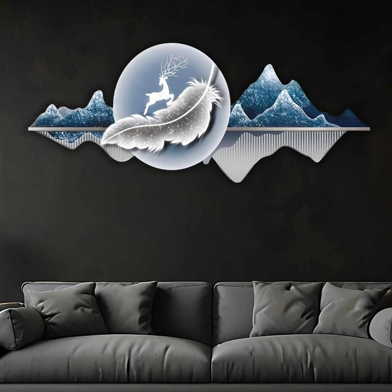 Luminous Deer & Feather Mountain Crystal Glass Backlit LED Painting
