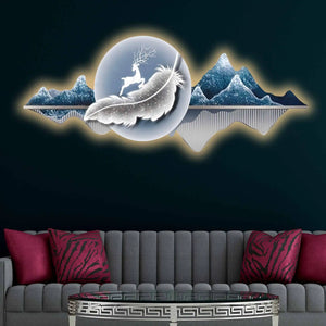 Luminous Deer & Feather Mountain Crystal Glass Backlit LED Wall Art