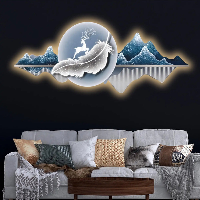 Luminous Deer & Feather Mountain Crystal Glass Backlit LED Wall Art