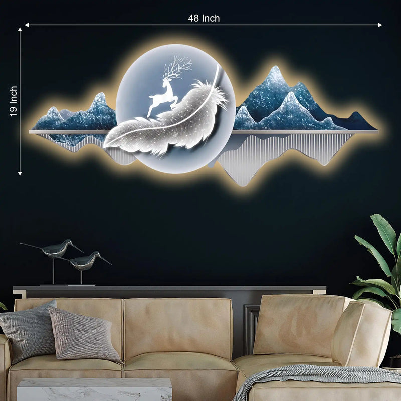 Luminous Deer & Feather Mountain Crystal Glass Backlit LED Wall Art