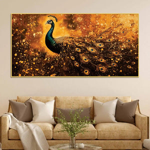 Luminous Peacock with Gilded Splash Feathers Canvas Wall Painting